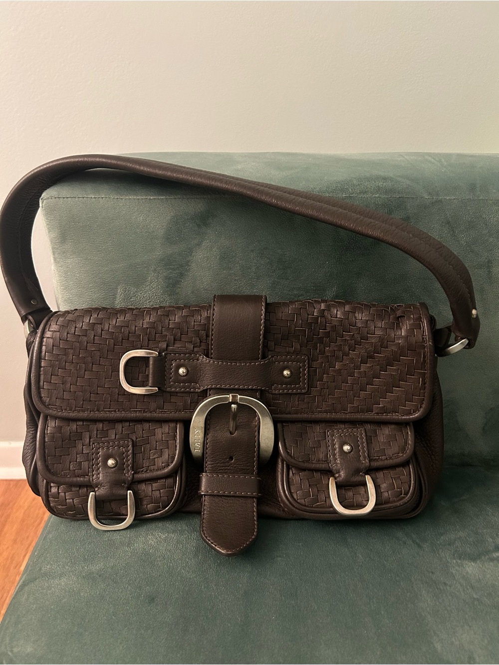 Bally Dark Brown Woven Leather Shoulder Bag